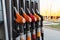 21-11-2019, Moscow region, Russia. Pumps with different types of gasoline and diesel fuel at a gas station. Point of sale of