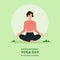 21 June International yoga day banner or poster with young short hair woman sitting in meditation pose or lotus yoga pose.