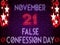 21 November, False Confession Day, Neon Text Effect on Bricks Background