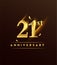 21st anniversary glowing logotype with confetti golden colored isolated on dark background, vector design for greeting card and