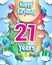 21st Years Birthday Design for greeting cards and poster, with clouds and gift box, balloons. design template for anniversary