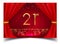 21st years golden anniversary logo with glowing golden colors isolated on realistic red curtain, vector design for greeting card,