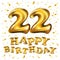 22 Anniversary celebration with Brilliant Gold balloons & colorful alive confetti. 3d Illustration design for your unique annivers