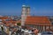 22 May 2019 Munich, Germany - Frauenkirche, gothic church with iconic domed towers. View from Peterskirche tower, panorama of
