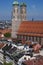 22 May 2019 Munich, Germany - Frauenkirche, gothic church with iconic domed towers. View from Peterskirche tower, panorama of