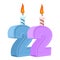 22 years birthday. Number with festive candle for holiday cake.