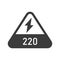 220 volts triangular shaped sign bold black silhouette icon isolated on white. Warning, danger, electricity.