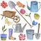 2291 garden, set of watercolor illustrations, garden tools, flowers, gardening, bird arrival, isolate on a white background