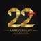 22nd anniversary years celebration logotype. Logo ribbon gold number and red ribbon on black background.