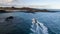 23.12.2017: Boat with tourists on the pier of the island of Lobos, off the coast of Corralejo, on the island of Fuerteventura