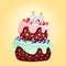23 year birthday cute cartoon festive cake with candle number twenty three. Chocolate biscuit with berries, cherries and