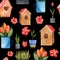 2315 garden, Seamless watercolor pattern, garden tools, flowers, gardening, bird arrival, wallpaper ornament