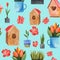 2316 garden, Seamless watercolor pattern, garden tools, flowers, gardening, bird arrival, wallpaper ornament