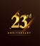 23rd anniversary glowing logotype with confetti golden colored isolated on dark background, vector design for greeting card and