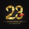 23rd anniversary years celebration logotype. Logo ribbon gold number and red ribbon on black background.