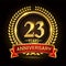 23rd golden anniversary logo, with shiny ring and red ribbon, laurel wreath isolated on black background, vector design