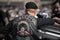 24-04-2019 Riga, Latvia. Biker portrait of biker man in black leather jacket