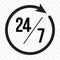 24 7 clock arrow icon, customer support, delivery and open symbol. Vector 24 7 round clock open supermarket or shop sign