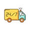 24 7 hour delivery RGB color icon. Fast twenty-four seven shipping. Everyday shipping car. Transportation truck. Around