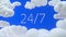 24/7 sign. 24 hours seven days a week. Concept of round-the-clock work or support. Working day schedule, mode. White minimalistic