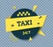24 7 TAXI service paper cut banner. Round layered label with geometric shapes. Yellow ribbon and dark blue circle