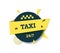 24 7 TAXI service paper cut banner. Round layered label with geometric shapes. Yellow ribbon and dark blue circle