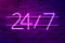 24 hours, convenience store glowing purple neon sign or LED strip light. Realistic vector illustration