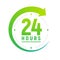 24 hours a day icon. Green clock icon around work. Service time support 24 hour per day