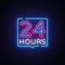 24 hours neon sign vector design template. 24 hours Open neon, light banner design element colorful modern design trend