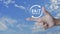 24 hours service flat icon on finger over blue sky with white clouds, Business full time service concept