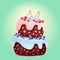24 year birthday cute cartoon festive cake with candle number twenty four. Chocolate biscuit with berries, cherries and