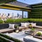 240 A contemporary rooftop garden with lush vegetation, cozy seating areas, and panoramic views of the city skyline, providing a