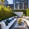 240 A contemporary rooftop garden with lush vegetation, cozy seating areas, and panoramic views of the city skyline, providing a