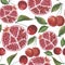2487 pattern, seamless pattern, watercolor illustration, pomegranate fruit, cherries, leaves, wallpaper ornament, wrapping paper