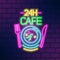 24H cafe neon sign on brick wall vector flat illustration. Bright glowing signboard noctidial cafeteria with plate and