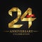 24th anniversary years celebration logotype. Logo ribbon gold number and red ribbon on black background.