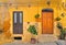 25.08.2018. Facade detail of an old building in the historic center of Agrigento with doors and windows and flower pots decoration