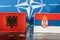25 08 2022, NATO alliance call to protect the Serb minority in Kosovo, Albani and Serb flags against the background of the North