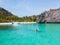 25 February 2019-Myanmar::tourist kayaking on clear water at Horse shoe island