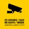 25 hours non-stop CCTV box sign in yellow background
