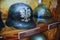 25-June-2017 close up on Austrian Helmet of Polish State Police pattern 1917 on weapon museum in Wroclaw, Poland