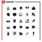 25 Thematic Vector Solid Glyphs and Editable Symbols of cinema, location, lamp, pin, medical