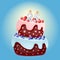 25 year birthday cute cartoon festive cake with candle number twenty five. Chocolate biscuit with berries, cherries and