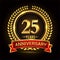 25th golden anniversary logo, with shiny ring and red ribbon, laurel wreath isolated on black background, vector design