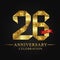 26th anniversary years celebration logotype. Logo ribbon gold number and red ribbon on black background.