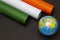 26th Jan Republic Day, Head-on shot of Indian Flag made up of chart papers with World map globe, copy space for text, tricolor,