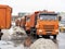 27.02.2021 Russia, Moscow. A convoy of trucks full of snow stands on the road on the way to the snow processing point. Cleaning