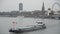 27 October 2018 Germany, Dusseldorf. North Rhine. Cargo ship, barge goes along the North Rhine river. Theme freight