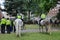 28 7 2022: British policeman on horseback patrolling at Soho Square, London, preparing a major event, guarding the city