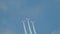 29 August 2019 Moscow, Russia: Russian Air Forces - Three military jets with front propellers flying up in the sky and